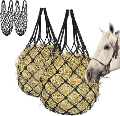 Groot fijnmazig hooiennet voor paarden en pony's, set van 4 stuks, robuust en duurzaam met ophangring, ideaal voor stal en buitengebruik