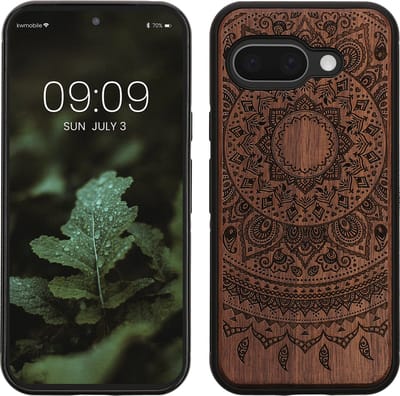 kwmobile telefoonhoesje geschikt voorGoogle Pixel 9a - Hoesje met bumper - hout - In donkerbruin Indian Sun design