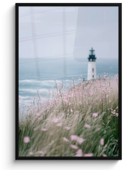 Poster in lijst - Fotolijst 80x120 cm - Posters - Vuurtoren - Klif - Zee - Bloemen - Posterlijst zwart - Decoratie - Wanddecoratie woonkamer - Muurdecoratie slaapkamer