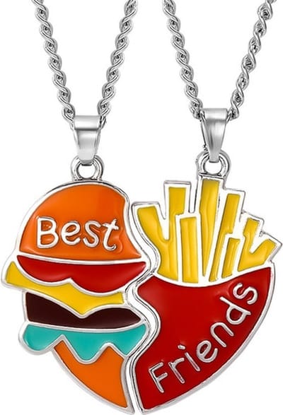 Bixorp Friends BFF Ketting voor 2 met Hamburger & Frietjes  Zilverkleurig - Vriendschapsketting Fast Food - Twee Helften Best Friends -  Voor Meisjes  - Best Friends Ketting Vriendschap Cadeau voor Twee