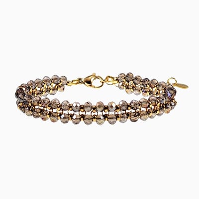 Dubbele Armband Dames - Bruine Kralenarmband - Verguld RVS - Gefacetteerde Kristallen - Verstelbaar