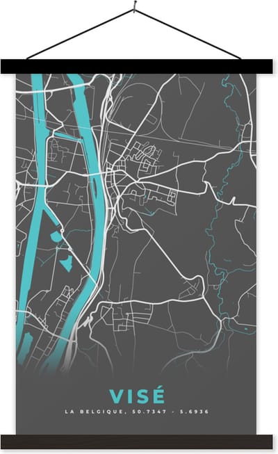 Posterhanger incl. Poster 40x60 cm - Schoolplaat - Plattegrond – Visé – Blauw – Stadskaart - Kaart - Textielposter - Zwarte latten - Stadskaart
