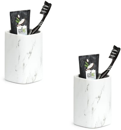 Zeller Tandenborstelhouder - 2x - keramiek - wit marmerlook - 7,5 x 11 cm