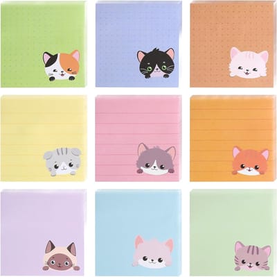 Kleurige zelfklevende notities in blokken van 9, 450 vellen, 7.5 x 7.5 cm, perfect voor kattenliefhebbers, kantoor, school en als cadeau