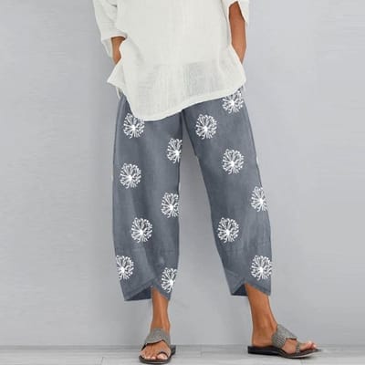 Vrouwen Vintage harembroek bloemenprint elastische taille plus size losse broek katoen linnen wijde pijpen broek losse zomerbroek XXXL gray