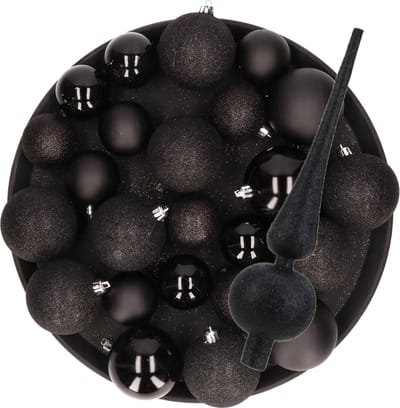Zwarte Kerstversiering set piek met kerstballen 6 - 8 - 10 cm pakket 40x stuks - mat/glans/glitter mix