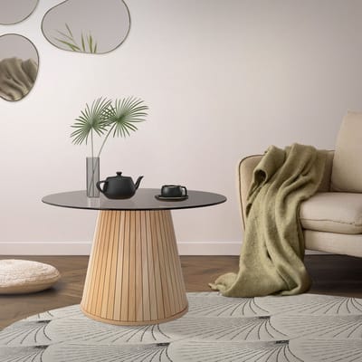 Salontafel met glazen blad Ø80x50 cm houtlook bruin ronde woonkamertafel ML design