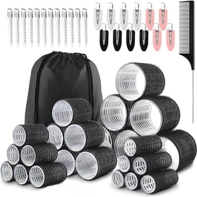 TIM® 28 Delige Krulset – Krulset Rollers In 4 Maten – Haarkruller Inclusief Clips – Haar Kruller – Haarrollers – Haar Rollers – Kleefrollers - Krullen Zonder Hitte - Voor Lang, Medium En Kort Haar -Zwart- 25cm X 14cm X 7cm; 280 g