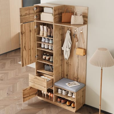 STILVORA Garderobekast - Compact 5-in-1 Entree Meubel Met Spiegel Zitbank Schoenenrek Lade En Haken - MDF - 90x34.5x190 cm - Naturel