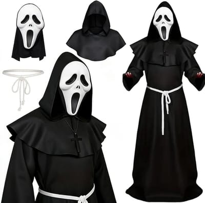 Middeleeuwse monnik kostuum voor volwassenen - 5-delige Halloween outfit met cape, kap, gewaad en masker voor carnaval en cosplay feestjes