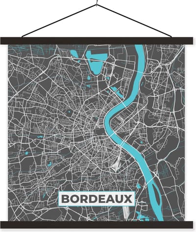 Posterhanger incl. Poster 60x60 cm - Schoolplaat - Bordeaux - Frankrijk - Plattegrond - Kaart - Stadskaart - Textielposter - Zwarte latten - Stadskaart