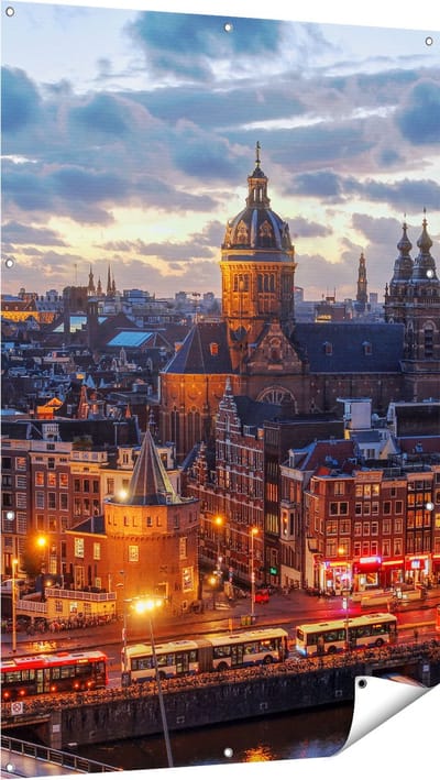 Gards Tuinposter Amsterdam Centrum Luchtfoto Zonsondergang - 100x150 cm - Tuindoek - Tuindecoratie - Wanddecoratie buiten - Tuinschilderij