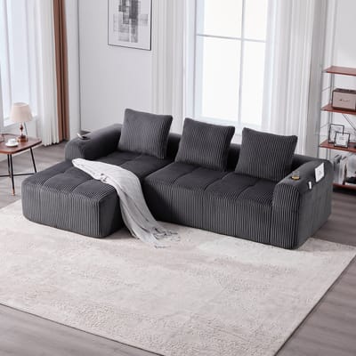 Compacte corduroy bank – zacht, modulair en praktisch voor dagelijks gebruik, met een zijvak en bekerhouder. Hoogwaardig comfort voor langdurig zitten, inclusief 3 kussens. Ideaal voor woonkamers, studeerkamers en meer. Donkergrijs.