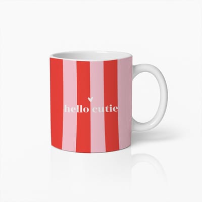 Hello Cutie Mok 330ml – Schattige Roze en Rode Gestreepte Beker met Hartje – Perfect Cadeau voor Haar, Valentijnsdag of Dagelijkse Liefde