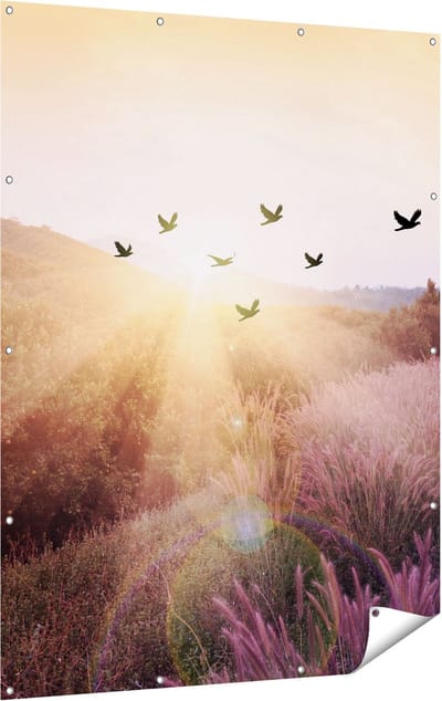 Gards Tuinposter Silhouet Zwerm Vogels bij Zonsondergang - 120x160 cm - Tuindoek - Tuindecoratie - Wanddecoratie buiten - Tuinschilderij
