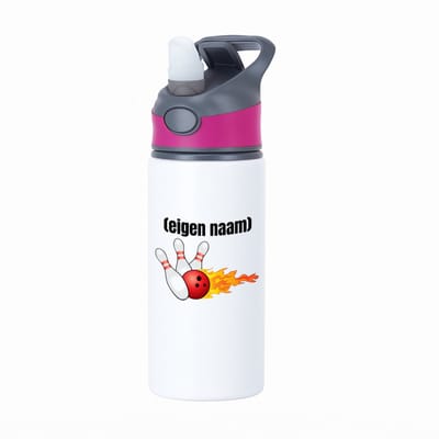 Hacebo® - bowling kegels vuur met eigen naam waterfles met rietje roze - Bowlen - ieman die graag bowlt - sport - bal - kegels - cadeau - verjaardag - kado - water fles - 650ML