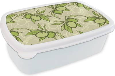 Broodtrommel Wit - Lunchbox - Brooddoos - Olijf - Bladeren - Vegan - Design - Vintage - 18x12x6 cm - Volwassenen