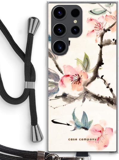 Case Company® - Hoesje met koord geschikt voor Samsung Galaxy S23 Ultra hoesje met Koord - Japanse bloemen - Telefoonhoesje met Zwart Koord - Bescherming aan alle Kanten en Over de Schermrand