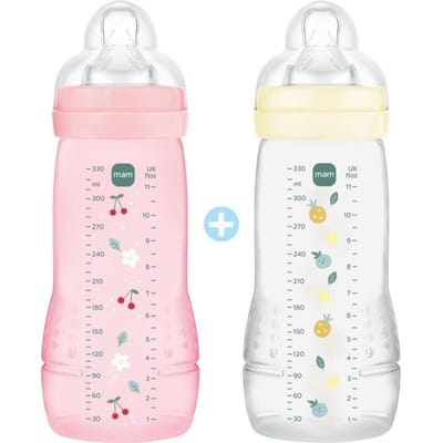Set van 2 Babyflessen - MAM BABY - Easy Active - +6 maanden - 330 ml - Speen met X-stroomsnelheid - Berry + Pearl bes