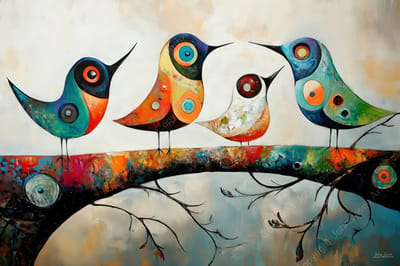 John Joseb Art (Aluminium) 120x80 | Vogels op een tak, abstract, Picasso, Joan Miro stijl, modern surrealisme, kleurrijk, kunst | dier, vogel, blauw, geel, grijs, rood, modern | foto-schilderij op dibond, metaal wanddecoratie