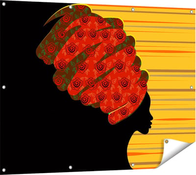 Gards Tuinposter Afrikaanse Vrouw met Bloemen Tulband - Abstract - 120x90 cm - Tuindoek - Tuindecoratie - Wanddecoratie buiten - Tuinschilderij
