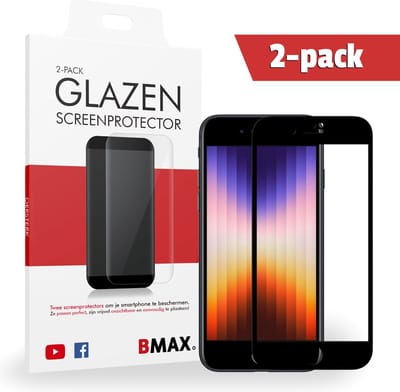 2-pack BMAX geschikt voor de Apple iPhone SE 2022 Screenprotector glas - Full Cover gehard glas - Tempered glas - Apple screenprotectors 2 stuks - Telefoonglaasje - Beschermglas - Glasplaatje - Screensaver - Screen protector - Case friendly - Zwart