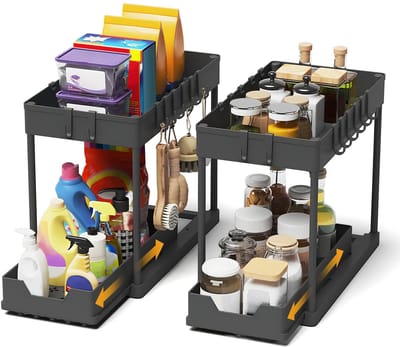 Dailygoods- Spoelkastorganizer 2 Stuks - Uittrekbaar Opbergrek - Organizer met 16 Haken - Multifunctioneel voor Keuken/Badkamer - Verhoogde Randen