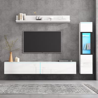 HAUSS SPOLE TV-Meubel - Hoogglans Front met RGB LED - 3-Delig Wandenunit met Vitrine en Wandplank voor Woonkamer - Spaanplaat Acryl - Wit