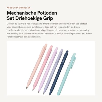 Dailygoods- Mechanische Potloden Set van 6 - Driehoekige Grip - Intrekbaar Potlood - 0,5 mm - Kunststof - Inclusief Gum - Potloodset