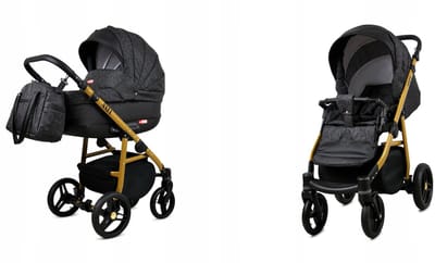 BabyLux® Kinderwagen 2in1 - AXEL - CARBON GOLD FRAME - Opklapbare Wandelwagen incl. Reiswieg, Multifunctionele Buggy Sportstoel - Combi-kinderwagen met Luiertas, Regenhoes, Klamboe, Bekerhouder, etc.