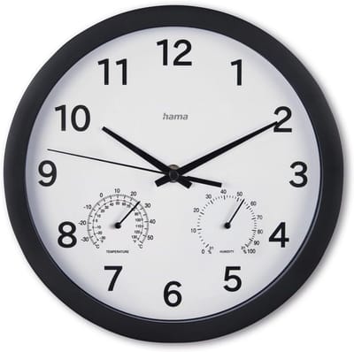 Stille Wandklok met Hygrometer en Thermometer, Ø 25 cm, Zwart