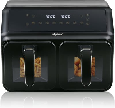 alpina Dubbele Airfryer XXL - Heteluchtfriteuse 2x4L - Air Fryer met Digitaal Touchscreen - Heteluchtoven voor 6 Personen en Meer - 8 Kookprogramma's - Sync-Modus - Timer Functie