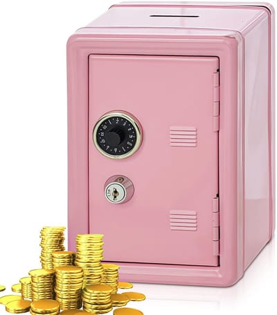 Dailygoods- Spaarpot met slot - Spaarvarken - Mini kluis - Roestvrij staal - H: 18 cm - L: 12 cm - W: 9,5 cm - Inclusief 2 sleutels - Mini Safe