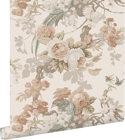 ESTAhome behang bloemen en vogels beige - 50 x 900 cm - 139807