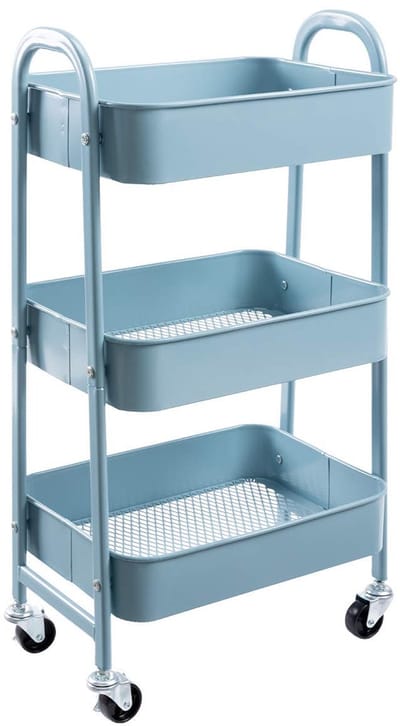 Opbergwagen 3-etages Metaal Utility Cart Rolwagen Trolleywagen, Opbergtrolley met Wielen Voor Keuken Badkamer Poeder Kamer Kantoor, Grijs-Blauw