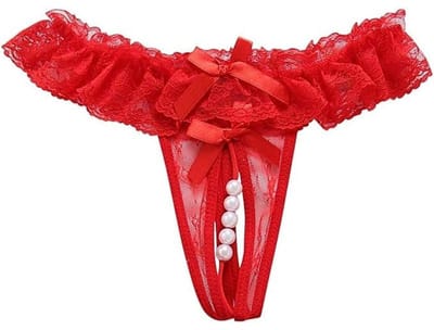 Sexy Rode Kanten String met Open Kruis en Stimulerende Parels - Dames Lingerie Maat M
