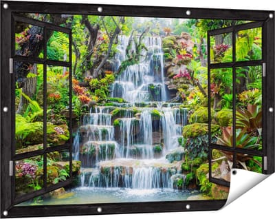 Gards Tuinposter Doorkijk Tropische Waterval in Thailand - 120x80 cm - Tuindoek - Tuindecoratie - Wanddecoratie buiten - Tuinschilderij