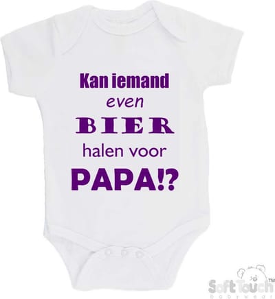 100% katoenen Romper "Kan iemand even bier halen voor papa!?" Vader Vaderdag Papa Meisjes Katoen Wit/paars Maat 62/68