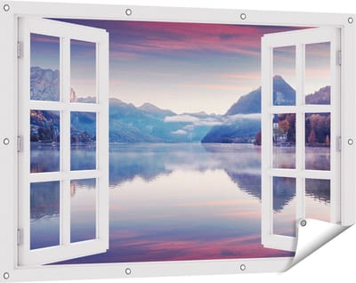 Gards Tuinposter Doorkijk Meer in de Bergen - 120x80 cm - Tuindoek - Tuindecoratie - Wanddecoratie buiten - Tuinschilderij