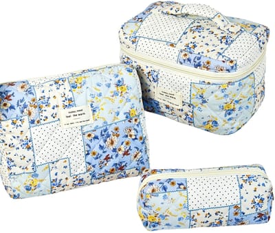 Set van 3 Make-up Tasjes Gewatteerd Bloemen Katoen – Grote Capaciteit Esthetische Cosmetische Tas & Toilettas voor Vrouwen – Reistas Organizer met Ritssluiting -Blauwe kleine bloemen, 3-delige set [Groot + Middel + Klein]