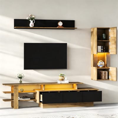 Tv-wandcombinatie - 3-delig - LED-verlichting - woonkamermeubelset - tv-meubel - woonkamer vitrine - wandbeugel - zwart en houtkleur