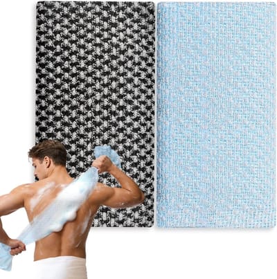 Exfoliërende Douchehanddoek Set van 2 | Lange Rug-exfoliator 25x100cm | Ideaal voor Verfrissing en Huidverzorging na de Training, Zwart Blauw
