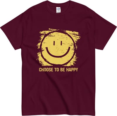 Dames en Heren T Shirt Choose Happiness - Smiley Print - Comfortabel - Bordeaux Rood - L