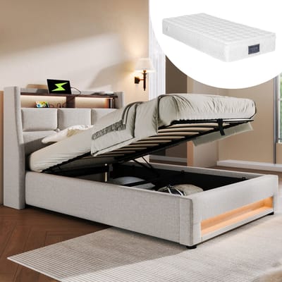 STILVORA Eenpersoonsbed 90x200 cm - Gestoffeerd Bed Met Metalen Lattenbodem - Bedbodems - Linnen - Beige (Met matras)