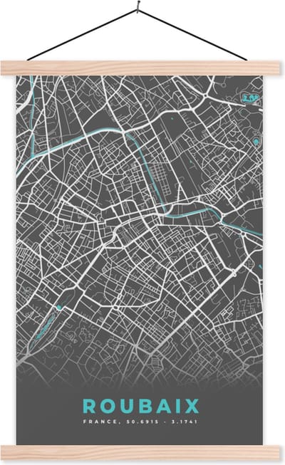 Posterhanger incl. Poster 40x60 cm - Schoolplaat - Roubaix - Frankrijk - Plattegrond - Stadskaart - Kaart - Textielposter - Blanke latten - Stadskaart