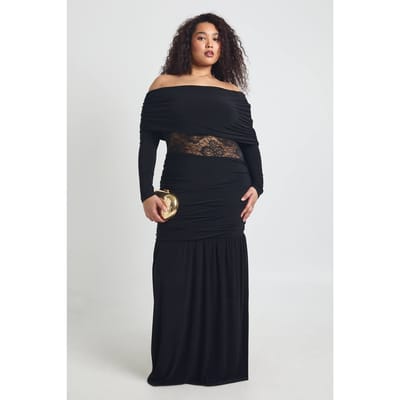 boohoo Dames Plus Asymmetrische Halslijn Kanten Inzet Lange Mouw Maxi Jurk | Zwart | Maat: 44