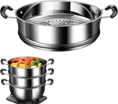Roestvrijstalen Stoompan - Stoominzet Mand - Gezond Koken - Voedingsstoffen Behoud - 25x21x9 cm - Zilver Zwart