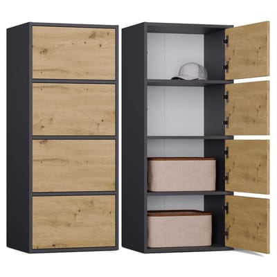 MALWA Alma - Dressoir / opbergkast - TIP-ON greeploos - 4 deuren - Antraciet en Eiken Artisan