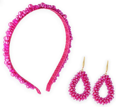 Lajetti - Haarband met Oorbellen set Stainless Steel Fuchsia met Glaskralen - Dames Gala Sierraden