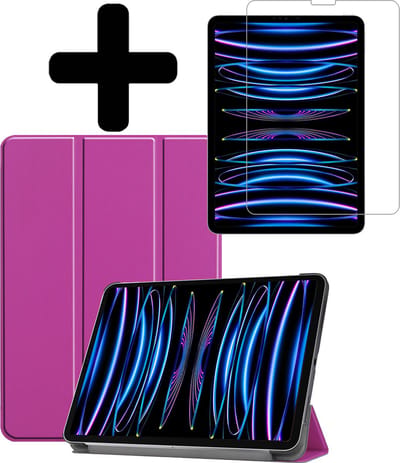 Hoes - Geschikt voor Apple iPad Pro (2022) - 11 inch - 4e generatie - Met Screenprotector - Trifold Bookcase - Hard Cover - Hardcover Book Case - Tablet Hoesje - Paars